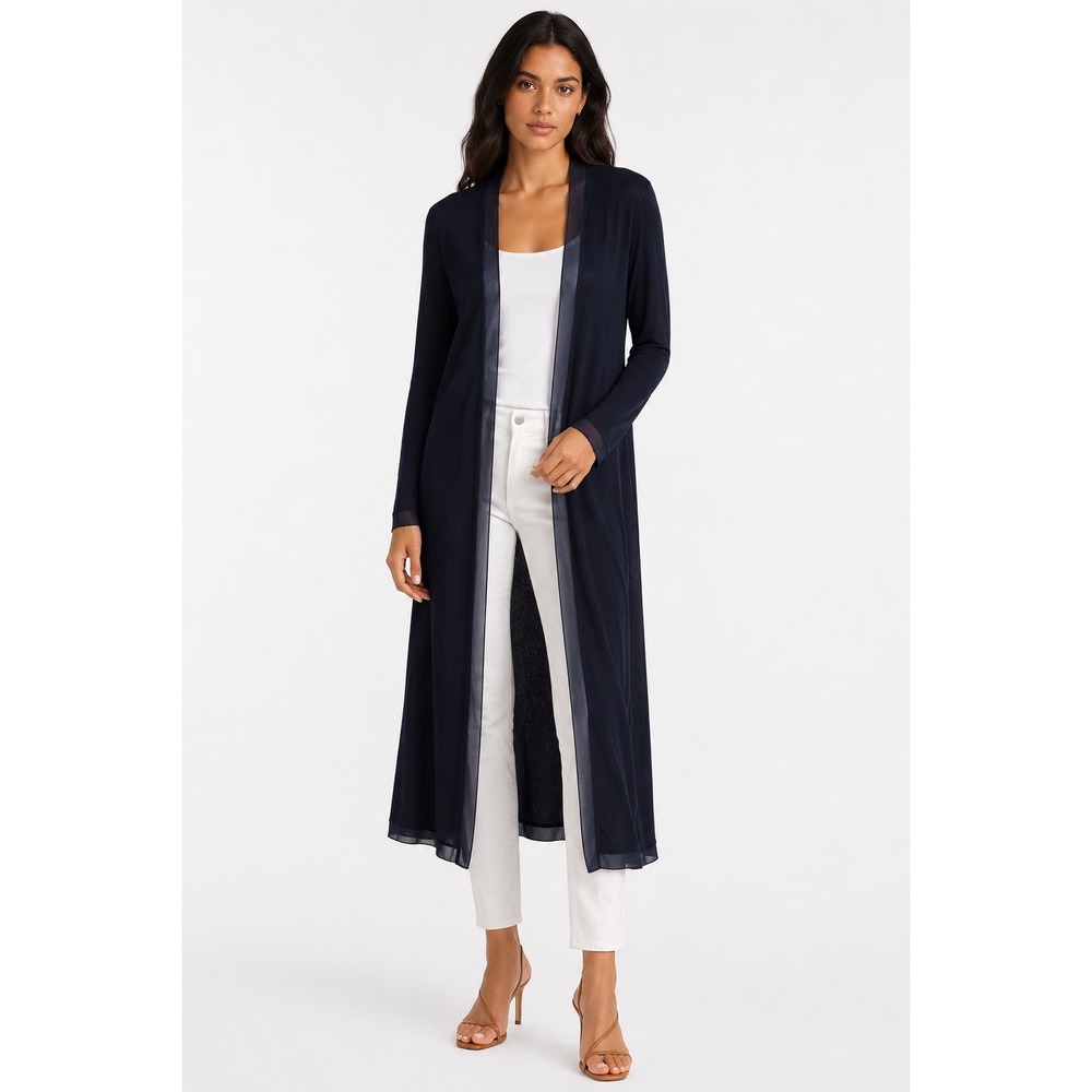 Theory‎ Navy Blue Wool Silk Trim Longline Maxi Cardigan Bering K0211708 Small